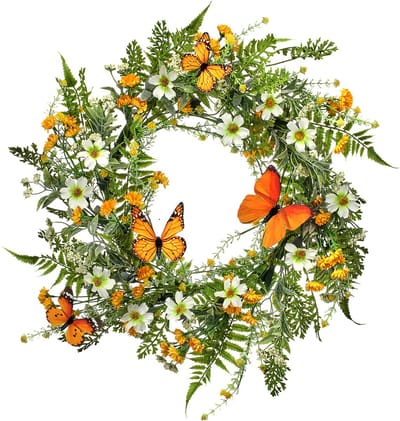 Viv! Home Luxuries Krans Bloemen - Madeliefjes met Vlinders - geel oranje wit groen - Ø55cm