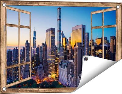 Gards Tuinposter Doorkijk New York bij Zonsopgang - 60x40 cm - Tuindoek - Tuindecoratie - Wanddecoratie buiten - Tuinschilderij