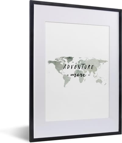 Poster in lijst - Fotolijst 30x40 cm - Posters - Wereldkaart - Aquarelverf - Adventure - Posterlijst zwart - Decoratie - Wanddecoratie woonkamer - Muurdecoratie slaapkamer