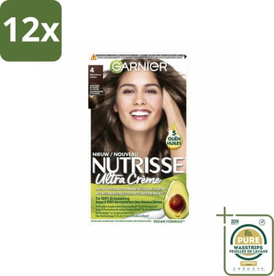 Garnier - Nutrisse Ultra Crème 4 - Haarkleuring - Middenbruin - Intens Voedend - Permanente Kleur - Voordeelverpakking - 12 stuks - Grijsdekking - Voedende haarkleuring