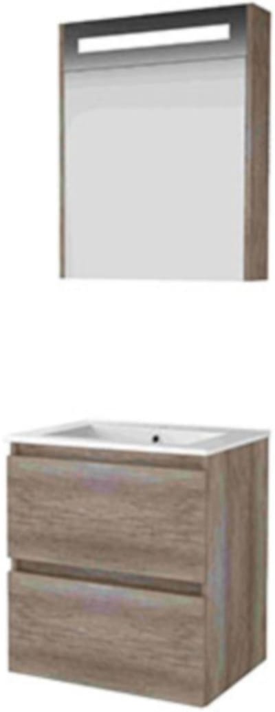 Basic-Line Premium 46 Badkamermeubelset - 60 x 46 cm - Greeploos - 2 Lades - Keramische Wastafel - 1 Kraangat - Spiegelkast met LED Verlichting - Scotch Oak