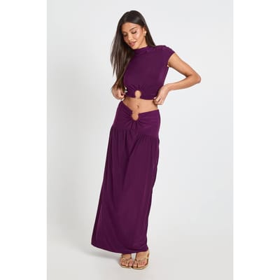 boohoo Dames Dubbele Laag Slinky Geplooide Maxi Rok Met Ring Detail | Plum | Maat: 6