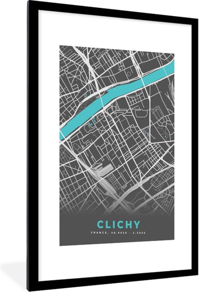 Fotolijst incl. Poster - Kaart - Stadskaart - Plattegrond - Frankrijk - Clichy - 60x90 cm - Posterlijst