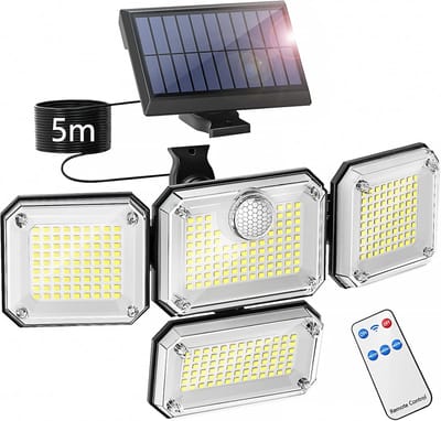 Buitenlamp op zonne-energie, buitenlamp op zonne-energie met bewegingssensor, IP65 waterdichte LED-beveiligingsschijnwerper, 3 lichtstanden, 4 verstelbare lampkoppen - met afstandsbediening - zwart.