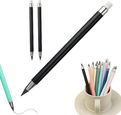 3 Stuks Eeuwig Potlood met Gum - Everlasting Pencil - Duurzaam & Inktloos – Ideal for Art Studio - Oneindig Potlood - Zwart - LOUZIR