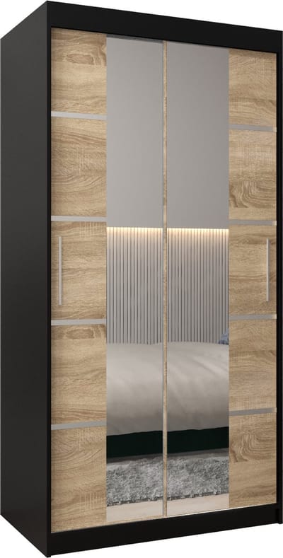 InspireMe - Kledingkast met 2 schuifdeuren, Modern-stijl, Kledingkast met planken (BxHxD): 100x200x62 - VENTILA IV 100 Zwart Mat + Sonoma Eik