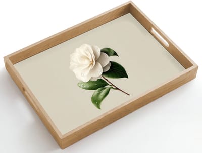Dienblad hout 50x35 cm - Schootdienblad - Cameliabloem - Wit - Groen - Borrelplank rechthoek - Plateau dienbladen