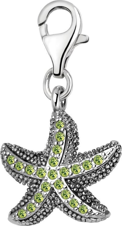 Quiges – Charm – Hanger - 3D Zeester met Zirkonia Groen - Verzilverd - karabijnslot - geschikt - voor - Bedelarmband - QHC157