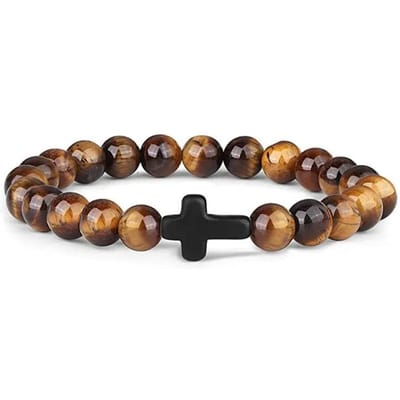 Chapelet en pierre naturelle et bois pour homme, bracelet de prière, croix en hématite, onyx, méditation, bijoux de yoga pour femme black