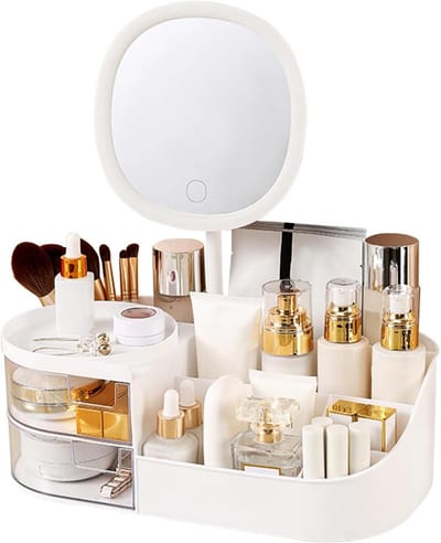 Multifunctionele Make-up Organizer met Spiegel, Make-up Borstelhouder en 2 Lades, Ruime Cosmetica-opbergruimte voor Slaapkamer en Badkamer (Wit)