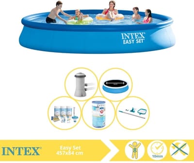 Intex Rond Opblaasbaar Easy Set Zwembad - 457 x 84 cm - Blauw - Inclusief Pomp - Solarzeil - Onderhoudspakket - Filter - Schoonmaakset - 6-delig