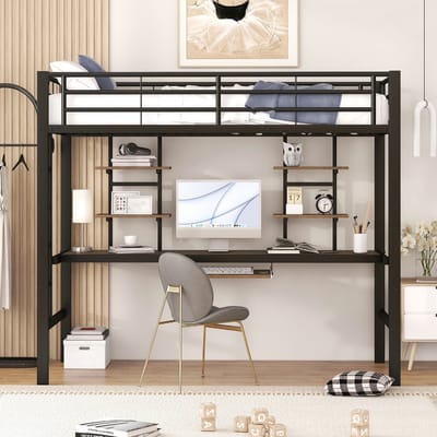 VVBV Ruimtebesparende Hoogslaper 90x200 cm - Bureau, Voor Kinderen/Tieners, Voor Volwassenen, Planken - Metaal Zwart