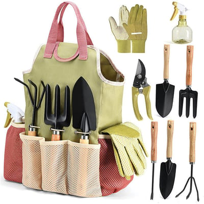 Gloovon® Tuingereedschap set - 10-Delig met Stevige Draagtas - Roestvrij Staal & Ergonomisch Handvat - Inclusief Handschoenen