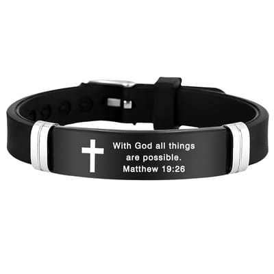 Christelijke Armband Unisex - Met Kruis & Bijbeltekst (Mattheüs 19:26) - Zwart Siliconen & RVS - Verstelbaar & Waterbestendig - Betekenisvol Geloof Cadeau