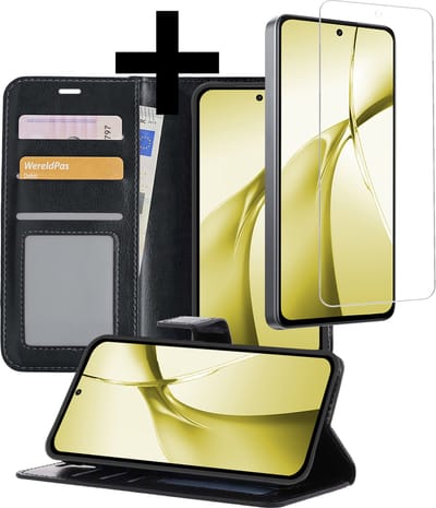 Hoesje - Met Screenprotector - Geschikt voor OnePlus Nord CE4 - Luxe Pasjeshouder - Bookcase Portemonee - Flip Case - Kunstleer Book Case - Flipcase - Book Cover - Walletcase - Portemonneehoes - Telefoonhoesjes - Zwart