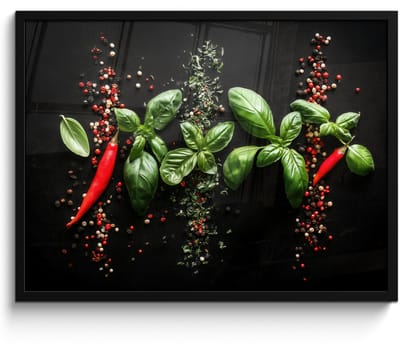 Poster in lijst - Fotolijst 70x50 cm - Posters - Chilipepers - Basilicum - Blaadjes - Rood - Posterlijst zwart - Decoratie - Wanddecoratie woonkamer - Muurdecoratie slaapkamer