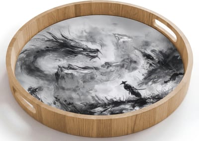 Dienblad rond 40x40 cm - Schootdienblad hout - Krijger - Draak - Grijs - Borrelplank rechthoek - Plateau houten dienbladen
