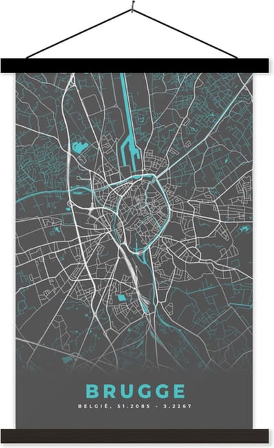 Posterhanger incl. Poster 40x60 cm - Schoolplaat - Stadskaart – Grijs - Kaart – Brugge – België – Plattegrond - Textielposter - Zwarte latten - Stadskaart