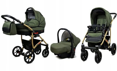 BabyLux® Kinderwagen 3in1 – LARGO - OLIVE BLACK GOLD FRAME - Opklapbare Wandelwagen incl. Reiswieg, Multifunctionele Buggy Sportstoel, Autostoel - Combi-kinderwagen met Luiertas, Regenhoes, Klamboe, Bekerhouder, etc.