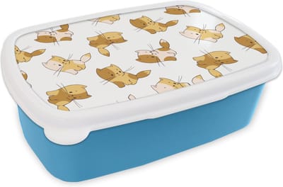 Broodtrommel Blauw - Lunchbox - Brooddoos - Patronen - Kat - Kitten - Jongens - Meisjes - Kinderen - Kindje - 18x12x6 cm - Kinderen - Jongen