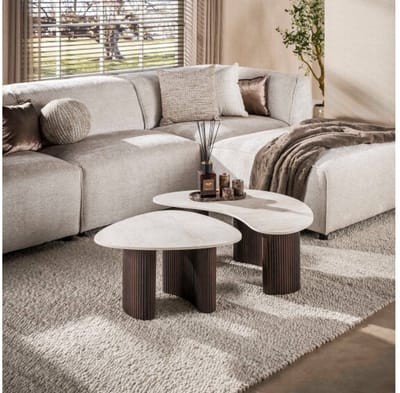 Salontafel Milano organisch set van 2 - 3d keramiek Taj mahal marmer - Japandi - 88x54x35 cm
