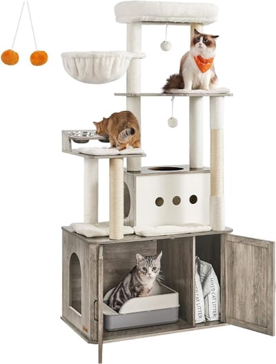 Quvo® Krabpaal Voor Zware Katten – Grote & Stevige Krabpaal - Krabpaal Voor Grote Katten - Kat Toren – Krabton – Hoge Krabpaal 90 cm - XXL - Katten Verblijf Met 2 Huisjes – Krabtoren - Grijs gespikkeld - ‎80 cm x 49 cm x 170 cm