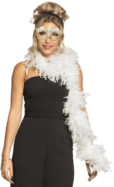 Boland Venetiaans oogmasker in het goud - Met dikke veren Boa in het wit - 180 cm - Dames - Carnaval - Twenties - Barok - Middeleeuwen