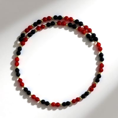 Cavill - Stalen Halsketting met Zwarte en Rode Onyx & Gouden Hematiet - 99,99 ct - Dubbele Rij Ronde Kralen - Elegante Edelsteenketting