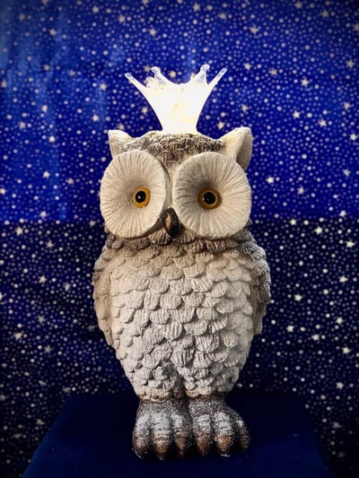 Uil met kroontje grijs LED light 46 cm hoog - resin - winterfiguurtje - wintercollectie - eindejaarcollectie - decoratiefiguur - interieur - geschikt voor binnen - kerstcollectie - kerstdecoratie - kerstfiguur - cadeau - geschenk - nieuwjaar - kerst