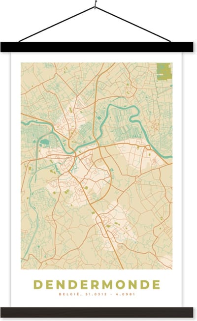 Posterhanger incl. Poster 40x60 cm - Schoolplaat - Plattegrond - Kaart - Dendermonde - Vintage - Stadskaart - Textielposter - Zwarte latten - Stadskaart