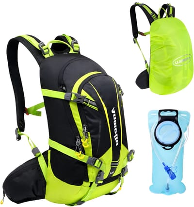 CarryQuest® - 20L Fietsrugzak Schoudertas - Duurzame Nylon Hydratatierugzak met 2L Water Bag, Regenhoes, Rugventilatie & Front-/Toploader - Hiking, Fietsen & Wandelen - 47x28x16 cm - Groen