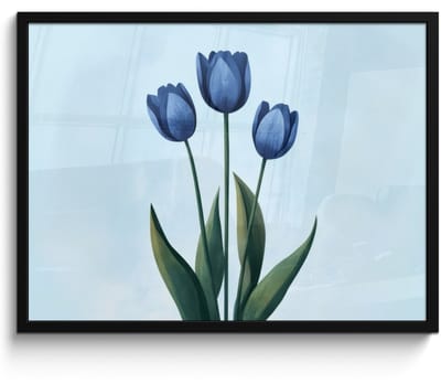 Poster in lijst - Fotolijst 70x50 cm - Posters - Tulpen - Blauw - Bladeren - Posterlijst zwart - Decoratie - Wanddecoratie woonkamer - Muurdecoratie slaapkamer