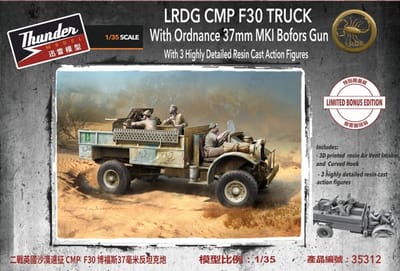 Thunder Model Modelbouwpakket Militaire voertuigen - 35312 LRDG F30 Gun Truck met 37mm KMI Boforskanon - met 3 Resin Figuren - Truck Plastic - 1:35 - Modelbouw