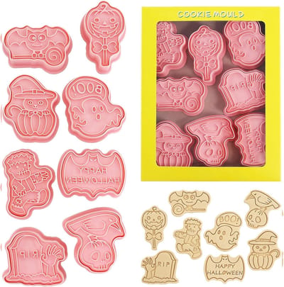 8 stuks halloween-uitsteekvormpjes, pompoen, vleermuis, geest, doodshoofd, kat, spinnennet, snoep, heksenhoed, koekjessnijder voor bakken met kinderen, koekjes, bakken fondant cutters (G)