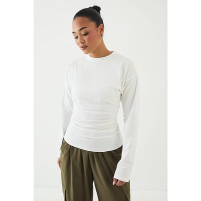 Dames DSGN Studio Top met Gerimpelde Zijkant en Lange Mouwen | Wit | Maat: XS