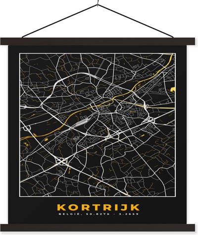 Posterhanger incl. Poster 60x60 cm - Schoolplaat - Kaart - Kortrijk - Goud - Plattegrond - Stadskaart - Textielposter - Zwarte latten - Stadskaart