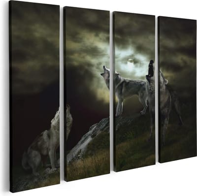 Artaza Canvas Schilderij Vierluik Drie Huilende Wolven Tijdens Volle Maan - 80x60 - Foto Op Canvas - Canvas Print