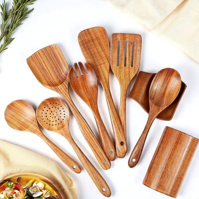 Dutchers® 9-delige Houten Spatel set - Houten Spatels incl houder - Eco Vriendelijk - Soeplepel - Antiaanbakpan - Pollepels - Opscheplepel - Keuken lepel - Kookgerei - Wokspatel - Keukengerei - Keukenaccessoires