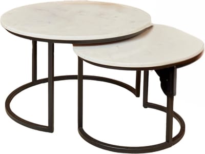 Salontafelset Rond set van 2 - Mangohout - Bijzettafels Set van 3 - Salontafel Rond - Bijzettafeltjes Woonkamer - Salon Tafel Mangohout Rond - Salontafel industrieel Landelijk - Tafeltje Set 2 stuks Wit Marmer