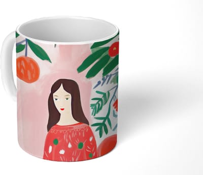 Mok - Koffiemok - Kerstmis - Vrouw - Planten - Groen - Rood - Mokken - 350 ML - Beker - Koffiemokken - Theemok - Tafeldecoratie Kerstmis - Kerstdecoratie tafel - Tafelversiering