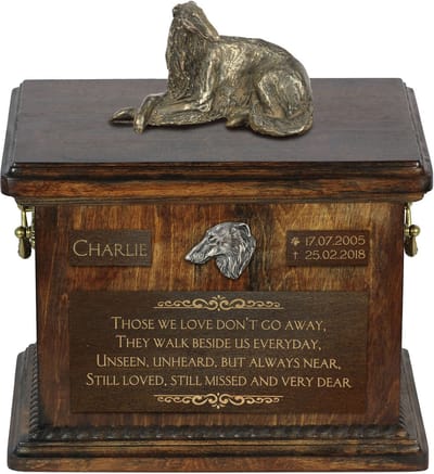 Borzoi urn met beeldje - gepersonaliseerde urn voor hondenas