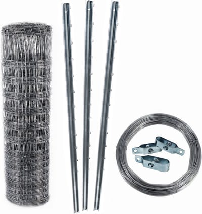50m wildhek, boshek, weidehek, geknoopt draadgaas 150/19/15 + palen + spandraad
