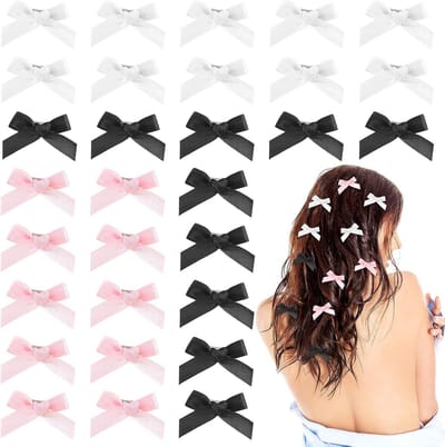 30 Stuks Satijnen Haarspeldjes met Strik - Niet-slip Haaraccessoires voor Vrouwen en Meisjes in Roze, Zwart en Wit - Kawaii Haarclips voor Kinderen en Peuters