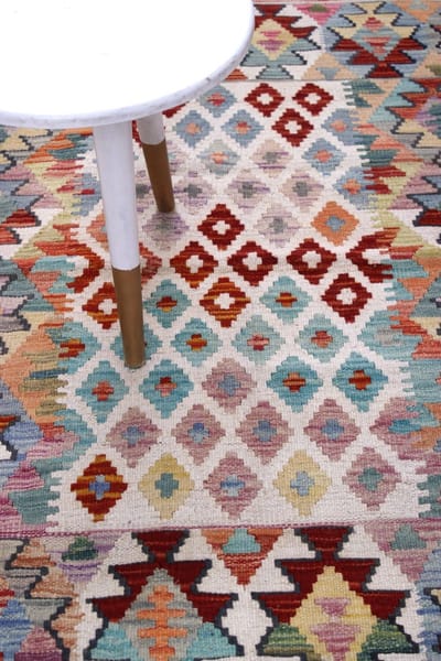 Kleurrijk Tapijt Laagpolig Handgeweven Wollen Vloerkleed - Koho Afghan Kelim 147x99 - 147x99cm- Modern - Woonkamer - Salon - Slaapkamer - Eetkamer