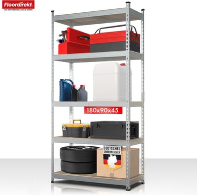 FLOORDIREKT Stellingen voor Zwaar Gebruik Rhino - Opbergrekken met 5 Legplanken - 1050 kg Draagvermogen - Innovatief Insteeksysteem - Verzinkt - 180 x 90 x 45 cm