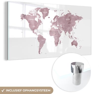 ® Glasschilderij 80x40 cm - Schilderij acrylglas - Wereldkaart - Roze - Marmer - Foto op glas - Muurdecoratie woonkamer - Wanddecoratie slaapkamer - Schilderijen