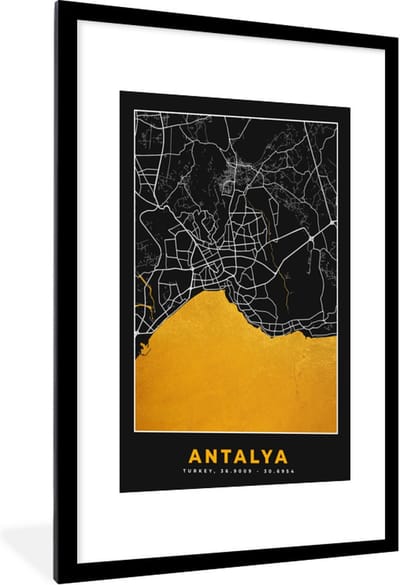 Fotolijst incl. Poster - Antalya - Stadskaart - Plattegrond - Goud - Kaart - 60x90 cm - Posterlijst