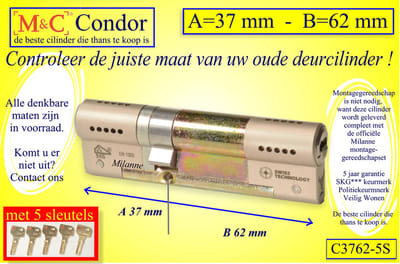 M&C Conder high-tech security deurcilinder 37x62 mm MET 5 SLEUTELS - SKG*** - Politiekeurmerk Veilig Wonen  -  inclusief MilaNNE gereedschap montageset