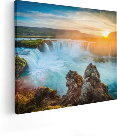 Artaza Canvas Schilderij Landschap - 50x40 cm - Wanddecoratie Zonsondergang - Muurdecoratie Waterval - Kamer Accessoires Natuur