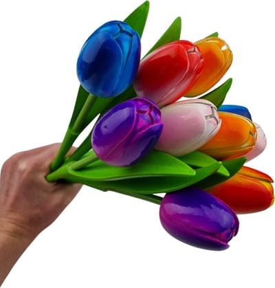 Bos houten tulpen - steel 33cm - mix van 8 kleuren - 10 tulpen in een bos - verwelken nooit!